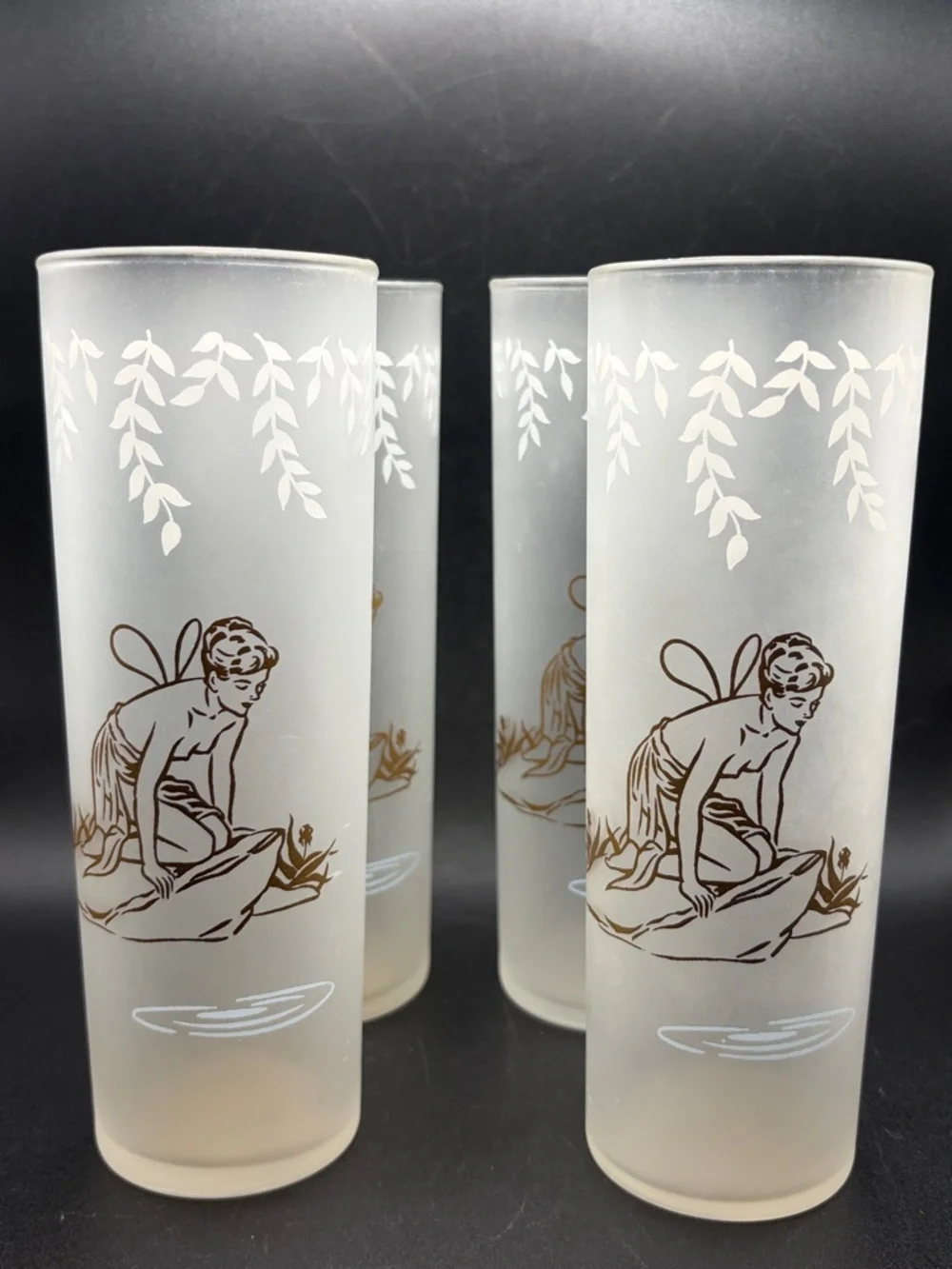 4 Vintage Libbey Fairy Pixie Nymph Frosted Highball Cocktail Glasses Barware